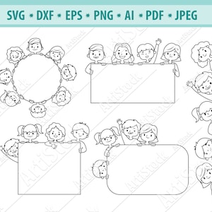 Cartoon children's frame Svg, Cute kids Svg, Kids playing Svg, Peeking children Svg, School Svg, Frame cut file, Png, Dxf, Eps, Vectors