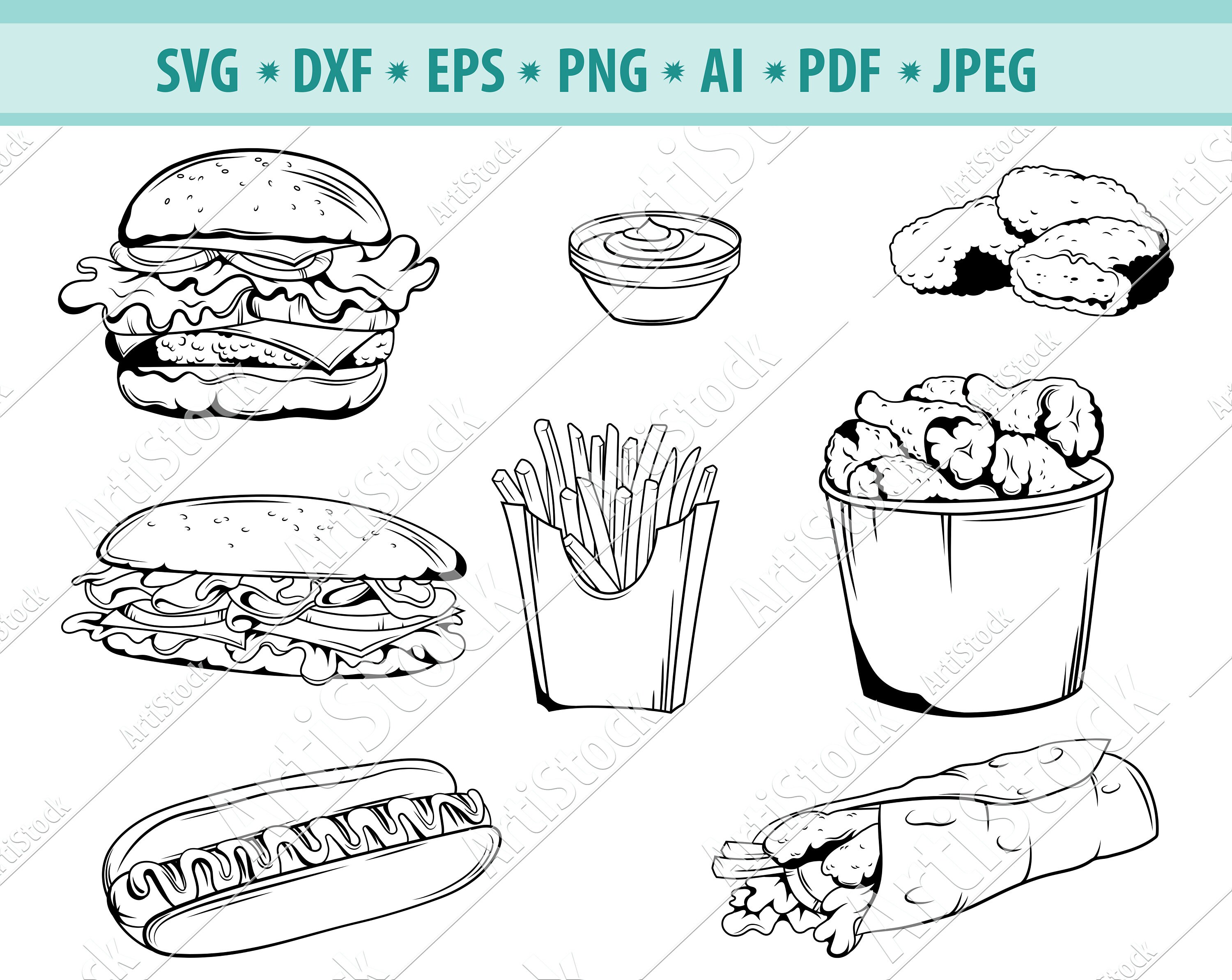 Fast Food Svg, Street food Svg, Fast Food clipart, Burger Svg, Sandwich Svg, French fries Svg, Food svg cut file, Hot dog Svg, Png, Dxf, Eps