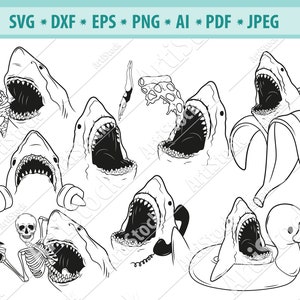 Shark head Svg, Funny shark  Svg, Shark with pizza Svg, Shark Clipart, Shark and swimmer Svg, Predator muzzle Svg, Silhouette cameo, Eps