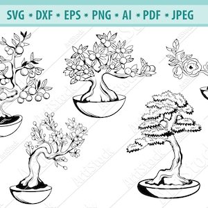 Bonsai arbre SVG, Evergreen svg, Bonsai clipart, Bonsai silhouette Svg, Bonsai design, Fichier Svg pour cricut, bonsai cut file, dxf, png, eps