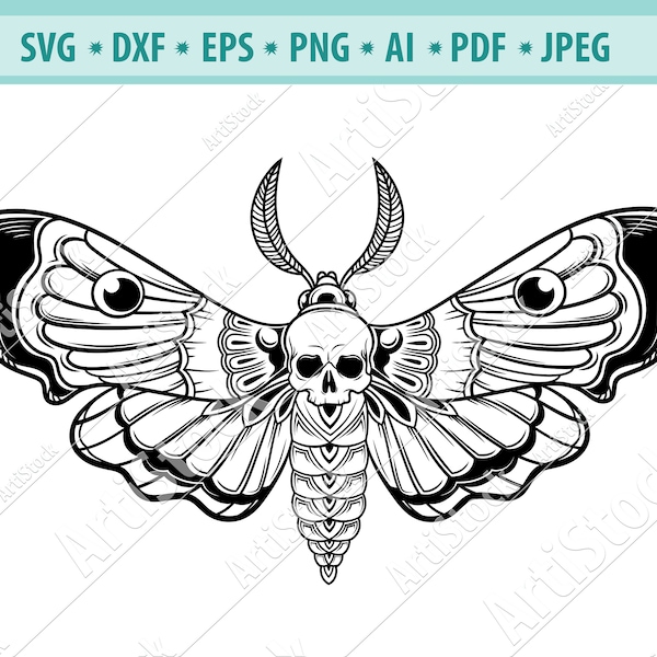 Moth Svg File, Death's Head Moth Svg, Halloween butterfly Svg, Spooky moth Svg, Moth with skull Svg, Mystical clipart, Silhouette, Eps, Png