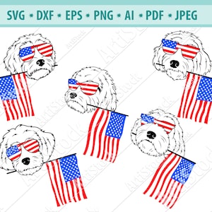 Goldendoodle svg, drapeau américain Svg, 4 juillet, Goldendoodle in American sunglass Svg, Pet portrait Svg, Digital Cutting File, Vector file