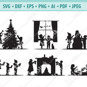 Escena de Navidad Svg, Navidad Svg, dibujos animados lindos niños Svg, niños de vacaciones Svg, árbol de Navidad vestir Svg, Eps, Dxf, Png