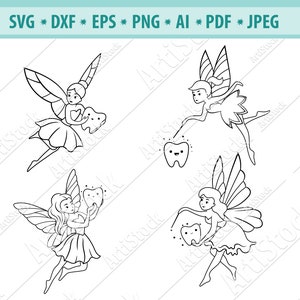 Hada Svg archivo, hada de los dientes Svg, Diente Svg, Hada Voladora Svg, Diente de bebé Svg, Clipart de hada, Archivo Svg para cricut, Cortar archivos, Eps, Dxf, Png