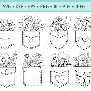 ポケットの中の花 SVG、花柄ポケット SVG、野生の花の枝 SVG、シャツのポケット SVG、花 SVG、ポケットのクリップアート、野の花 Png、Cricut