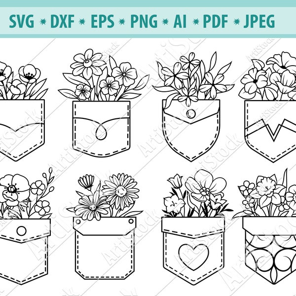 Flower in Pocket Svg, Floral pocket Svg, Wild flower branches Svg, Shirt pocket Svg, Flower Svg, Pocket clipart, Field flowers Png, Cricut