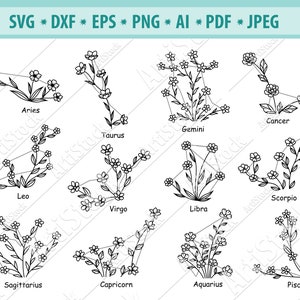 Zodiac ster Svg, sterrenbeeld zodiac Svg, astrologie Svg, Zodiac svg, Floral sterrenbeeld Svg, Horoscoop silhouet, Zodiac clipart, dxf, eps