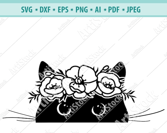 Download Cat Face Svg Peeking Cat With Flower Crown Svg Floral Black Etsy