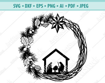 Christmas Wreath svg, Christmas svg, Nativity wreath Svg, Holy christmas Svg, Holiday svg, Wreath svg, Nativity Holy Night Svg, Silhouette