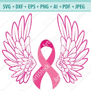 KrebsBand SVG, Krebs Überlebende, Bewusstsein Band Engel Flügel SVG, Brustkrebs Band, Dateien für Cricut, Silhouette Cameo Svg, Png, Dxf