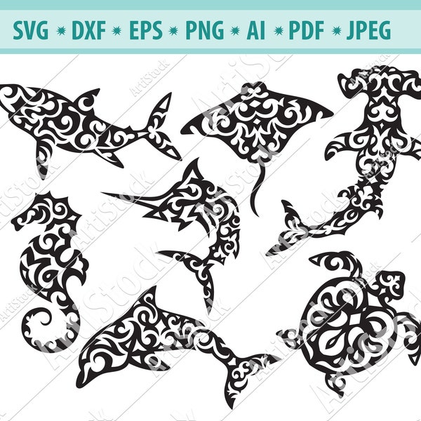 Tribal sea fish SVG, Animal Clipart, Marine animals Svg, Stingray Svg, Sea Horse Svg, Hawaii tropical fish Svg, Tribal shark Svg, Silhouette