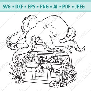 Polvo Svg, Polvo no peito Svg, Tentáculos de polvo Svg, Baú de tesouro Svg, Polvo pirata Svg, Polvo clipart, Png, Dxf, Eps, Vector