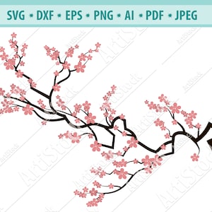 Baum Zweig mit Blumen, Kirschblüten SVG, Sakura Cricut, rosa Blumen, Japan Svg, Frühling Kirschblüte und Zweig SVG geschnitten Datei, Clipart