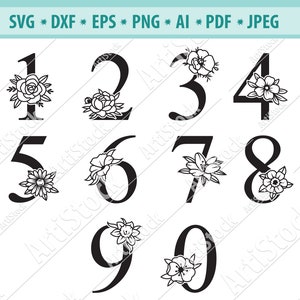 花の数字 SVG、ハーブの数字 SVG、植物の数字 SVG、結婚式の数字 SVG、数字 SVG、花の数字のクリップアート、SVG カット ファイル、Png