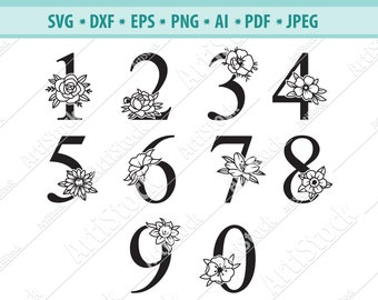 Floral numbers Svg, Herbal numbers Svg, Botanical numbers Svg, Wedding numbers svg, Numbers Svg, Floral numbers clipart, Svg cut file, Png