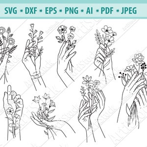 Hand Holding Flowers Svg, Floral woman svg, Holding bouquet Svg, Floral hand Svg, Flower Svg, Wedding bouquet Svg, Svg cut file, Eps, Dxf