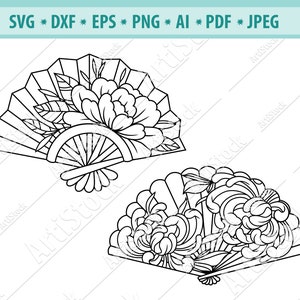 Abanico de mano plegable Svg, Ventilador de mano de flor Svg, Imagen prediseñada de abanico, Ventilador oriental Svg, Ventilador floral Svg, Svg de abanico asiático, Archivos de corte de abanico de mano, Silueta, Eps