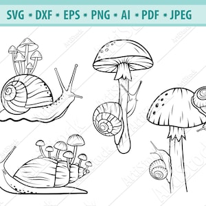Arquivo SVG de caracóis, Slugs SVG, Cogumelos SVG, Clip art de animais de jardim, Arquivos de corte de caracóis, Caracol em cogumelos Svg, Silhueta, Dxf, Jpg, Eps, Png