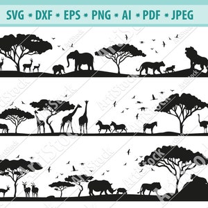 Safari Animal SVG, Elephant Svg, Giraffe Svg, Safari Clipart, Uccelli che volano SVG, Scena African Animals Svg, File per Cricut, Png, Eps, Dxf
