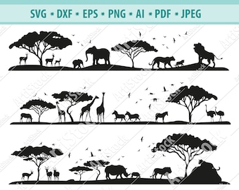 Safari Animal SVG, Elephant Svg, Giraffe Svg, Safari Clipart, Birds flying SVG, Scene African Animals Svg, Files for Cricut, Png, Eps, Dxf