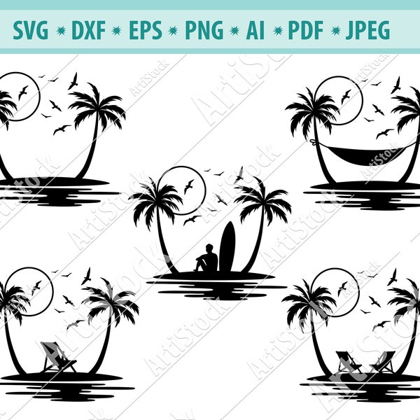 Palm tree Svg, Beach Svg, Tropical island Svg, Sunset Svg, Flying bird Svg, Sammock Svg, Tropical silhouette, Svg cricut file, Png, Eps, Dxf