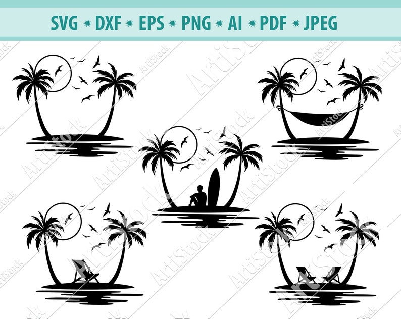 Download Clip Art Art Collectibles Beach Svg Dxf Flying Bird Svg Eps Sunset Svg Png Svg Cricut File Tropical Island Svg Palm Tree Svg Sammock Svg Tropical Silhouette