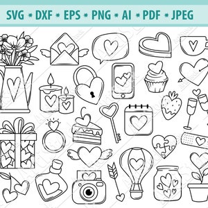 Día de San Valentín SVG, Love clipart Svg, Valentine elements SVG, Romantic icon Svg, Wedding Svg, Valentine doodle Svg, Love cut file, Eps, Dxf
