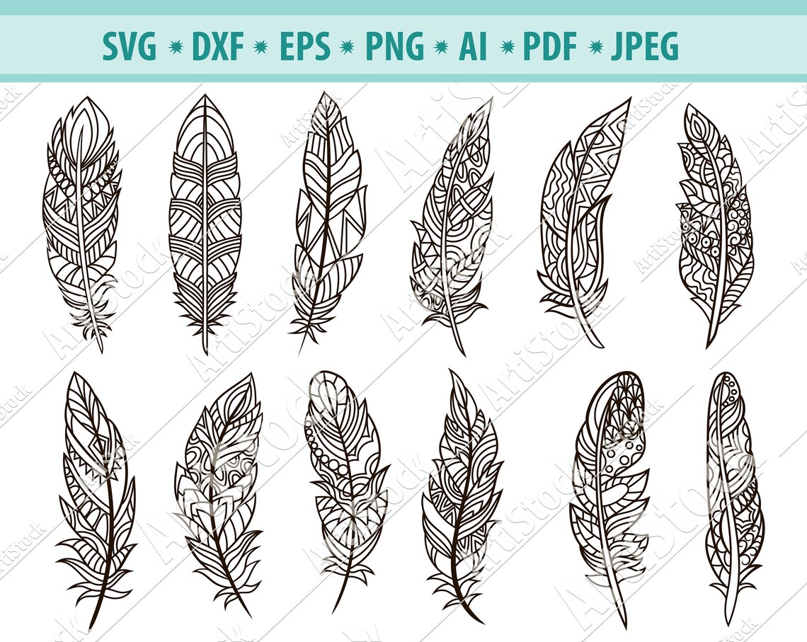 Hand Drawn Boho Feathers SVG PNG EPS Dxf Pdf for Cricut - Etsy