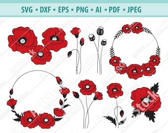 Poppy Flower SVG, Flower Bouquet svg, Poppy cut files, Field plants Svg, Poppy Wreath Svg, Wild flower Svg, Botanical Svg, Cricut, Eps, Dxf