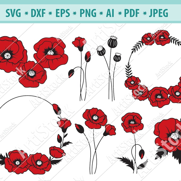 Poppy Flower SVG, Flower Bouquet svg, Poppy cut files, Field plants Svg, Poppy Wreath Svg, Wild flower Svg, Botanical Svg, Cricut, Eps, Dxf