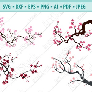 Galho de árvore com flores, flores de cerejeira SVG, Sakura cricut, flores rosa, Japão svg, flor de cerejeira de primavera e arquivo de corte SVG de galho, clipart