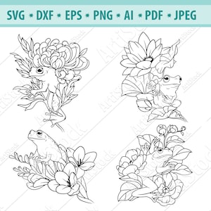 Crapaud de fleurs Svg File, Grenouille mignonne Svg, Grenouille clipart, Grenouille fleuri Svg, Grenouille avec fleurs Svg, Crapaud d’étang Svg, Fichiers pour Cricut, Eps, Dxf, Png