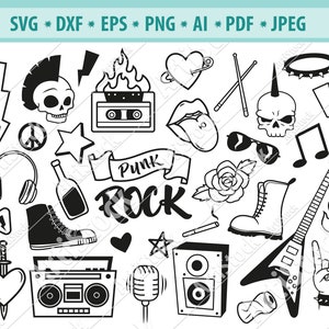 Rock items Svg, Rock sticker Svg, Metal rock Svg, Skeleton rocker Svg, Musican elementen Svg, Electric Guitar Svg, Punk rock Svg, Png, Eps
