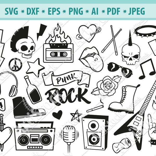 Rock items Svg, Rock sticker Svg, Metal rock  Svg, Skeleton rocker Svg, Musican elements Svg, Electric Guitar Svg, Punk rock Svg, Png, Eps