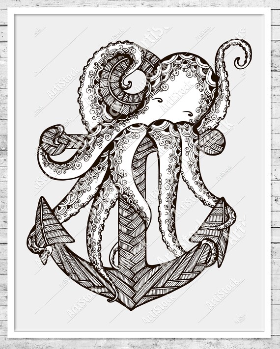 Download Free Vector Squid Octopus Anchor Digital Art Print T Shirt Etsy SVG Cut Files