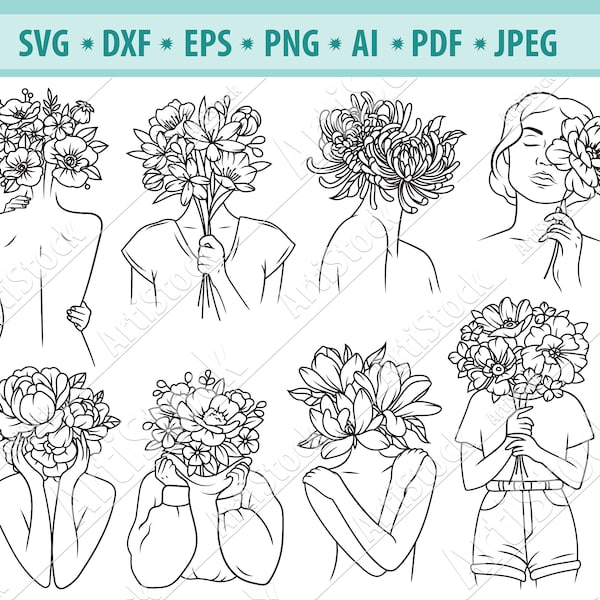 Floral woman Svg, Woman body Svg, Woman with flower head Svg, Naked womans Svg, Floral svg, Floral line face Svg, Cricut, Female Eps, Dxf