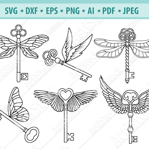Vintage Schlüssel Svg, Fliegender Schlüssel Svg, Schlüssel mit Flügeln Svg, Magischer Schlüssel Clipart, Skelett Schlüssel Svg, Schlüssel cut Datei, Eps, Dxf, Herz Schloss Schlüssel Svg, Vektor