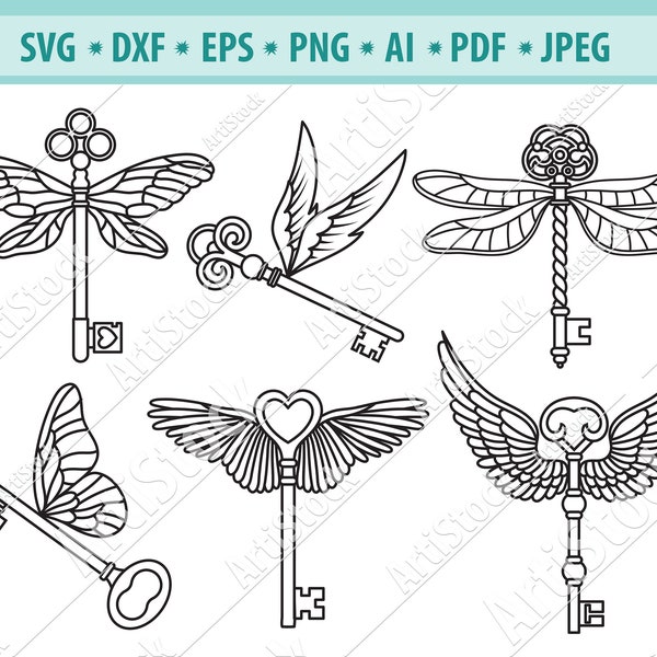 Vintage Key Svg, Flying key Svg, Key with wings Svg, Magic key clipart, Skeleton Key Svg, Key cut file, Eps, Dxf, Heart lock key Svg, Vector