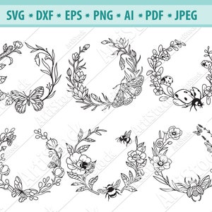 Flower Wreath Svg, Butterflies SVG, Insect wreath SVG, Flower Monogram Frame SVG, Flowers bee Svg, Circle Frame Svg, Silhouette, Png, Eps