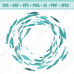 Fischschule. Gruppe von Fischen. Vektor Fisch Logo. Schwarze Silhouette. Runde Fischherde. Clipart. Abbildung. Digitale. SVG. EPS. Drucken.