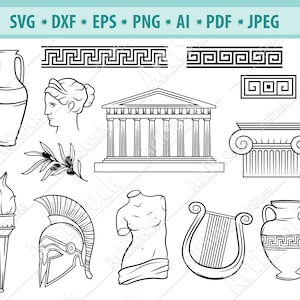 Grecia antica Svg, Acropoli Svg, Clipart greco antico, Elmo spartano Svg, Torcia Svg, Anfora Svg, Colonne antiche Svg, Eps, Dxf, Cricut