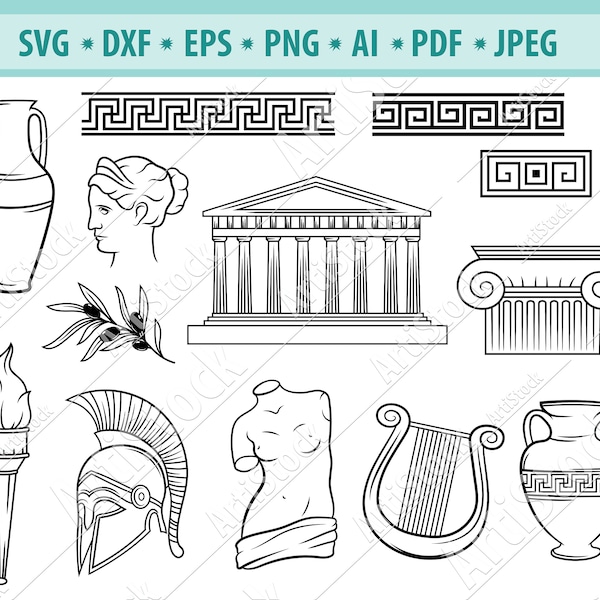 Ancient Greece Svg, Acropolis Svg, Ancient Greek clipart, Spartan helmet Svg, Torch Svg, Amphora Svg, Ancient columns Svg, Eps, Dxf, Cricut