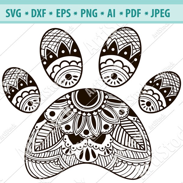 Zentangle Paw Print SVG - dxf - fcm - eps - ai - png - bestand knippen - silhouet - Cricut - Scan N Cut - Paw Print SVG - Doodle Paw Print SVG