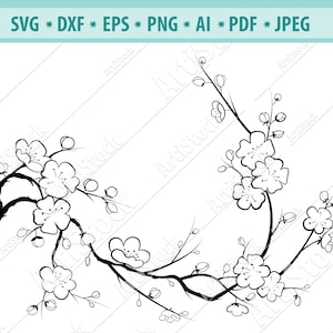 Boomtak met bloemen, kersenbloesems SVG, Sakura cricut, roze bloemen, Japan svg, lentekersenbloesem en tak SVG snijbestand, clipart