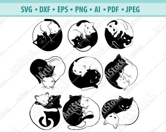 Yin and yang CAT SVG, Yin yang Kittens bundle svg, Cut File, Stencil Cricut Silhouette, Vinyl Decal, Pet Kitten clipart, Kitty SVG, vector