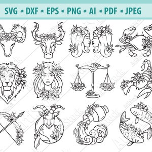 Signe du zodiaque Svg, Constellation zodiaque Svg, Zodiaque svg, Astrologie Florale signe du zodiaque Svg, Silhouette horoscope, Clipart zodiacal, DXF, EPS, PNG