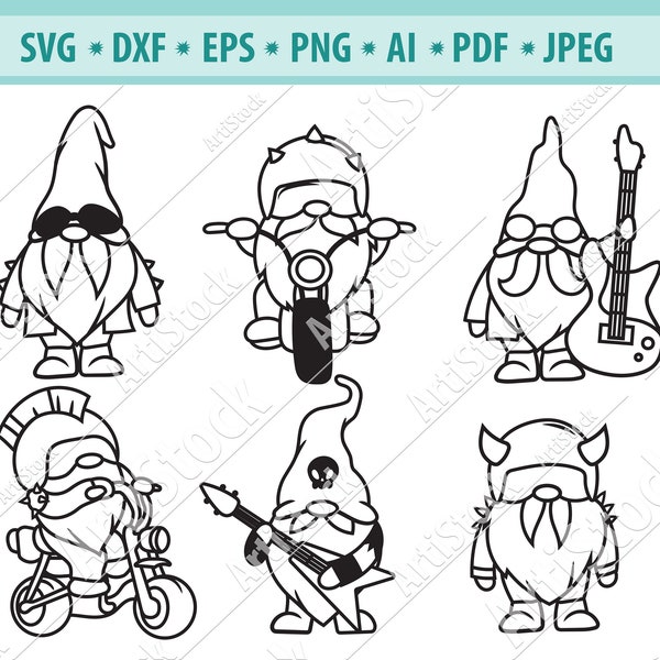 Gnome biker Svg, Gnome SVG, Rock Gnome SVG, Nordic Gnome Svg, Gnome Clipart, Motorcycle gnome Svg, Electro guitar Svg, Silhouette, dxf, eps