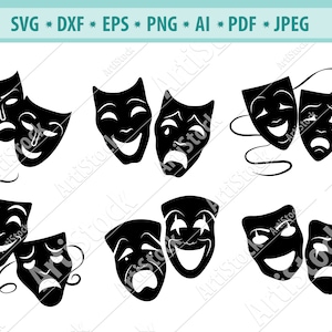 Commedia Tragedia svg, Commedia svg, Tragedia silhouette, Theatrical maschera cricut file tagliati, Maschera clipart, Download digitale, disegni, Png, Eps, Dxf