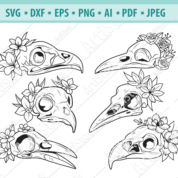 Floral birds skull Svg, Birds head svg, Flower parrot skulls Svg, Birds silhouette, Raven skeleton Svg, Birds clipart, Flower Eps, Png, Dxf