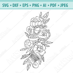 Puede incluir: Ilustración en blanco y negro de línea de artículos de costura, que incluyen un carrete de hilo, una aguja, un dedal y una cinta métrica. Los artículos están dispuestos en forma de ramo con flores y hojas.